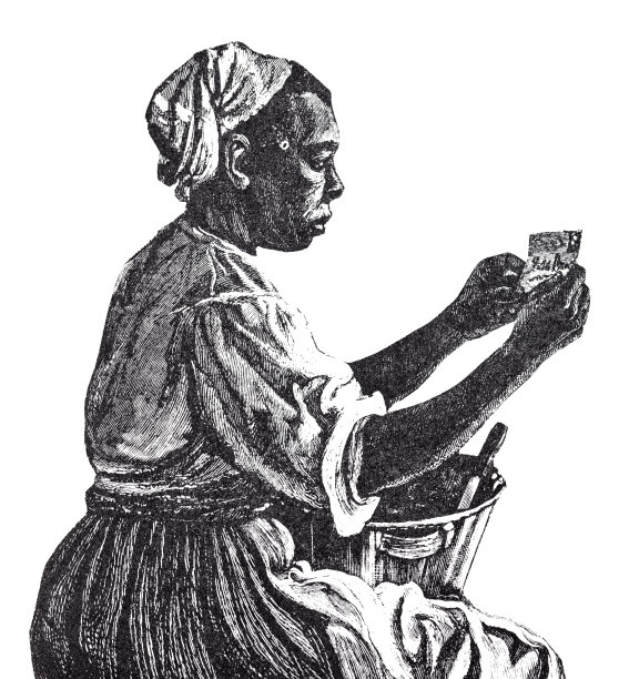 戴头巾的黑人妇女坐着，侧视图，读一封信，白色背景图片下载