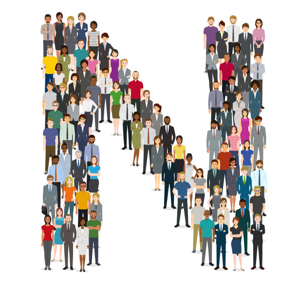 一大群人聚集在字母N图片下载