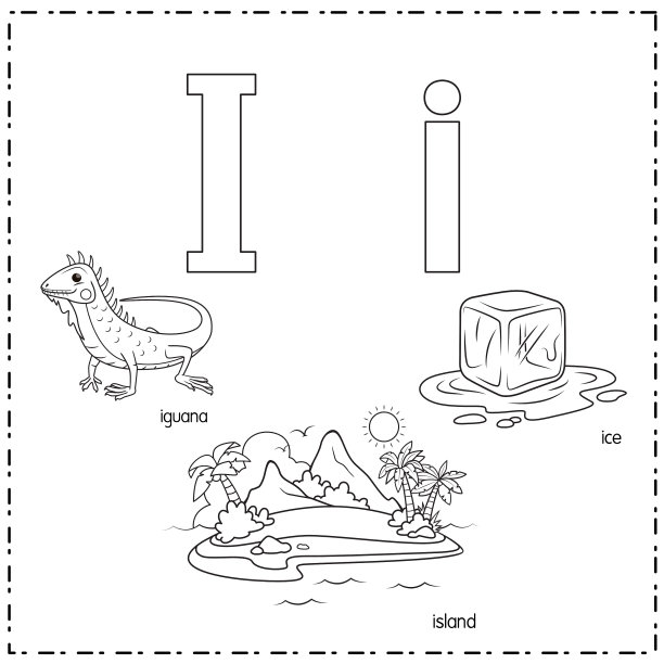 向量插图学习字母I的小写和大写的儿童与3卡通图像。鬣蜥岛冰。图片下载