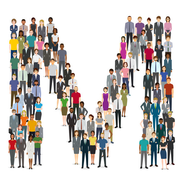 一大群人聚集在字母M图片下载