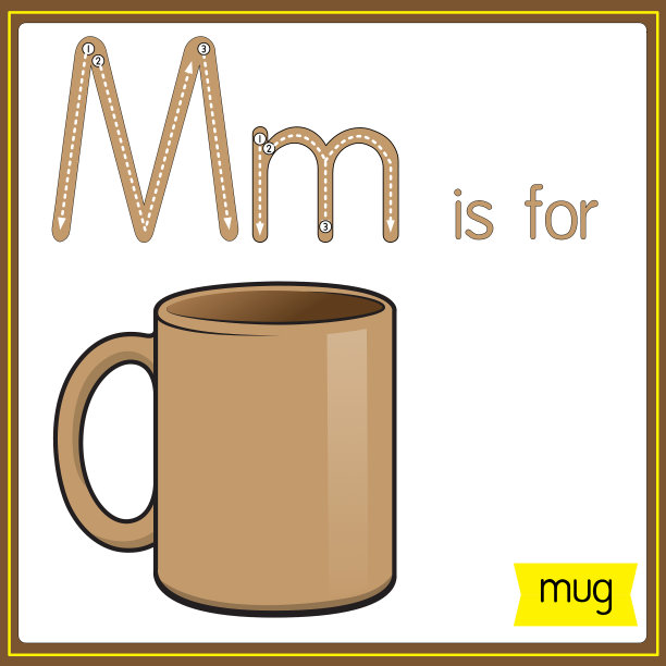 矢量插图学习字母为儿童与卡通形象。字母M代表马克杯。图片下载