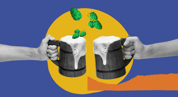 啤酒花。人的手拿着木制的老式马克杯，上面盛着泡沫啤酒。愉快的会议。当代艺术拼贴。图片下载