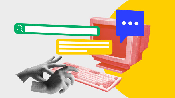 商务和社交在线聊天。用手在电脑上打字。短信消息。当代艺术拼贴。图片下载