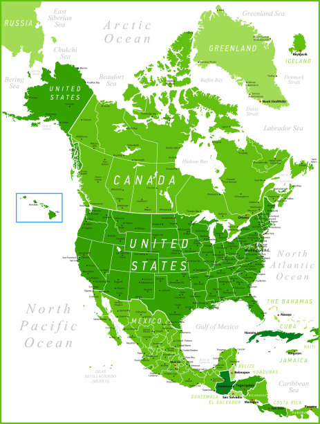 北美洲地图绿色矢量图图片下载