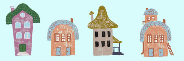 一栋有三种不同设计形式的房子，一栋用彩色铅笔绘制的房子，一套不同类型的房子，一幅手绘的设计插图，孤立在白色背景上图片下载