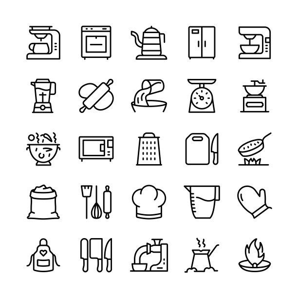 矢量插图图形的厨房。可编辑的笔画大小。简单孤立的图标。符号，符号，元素。图标集。图片下载