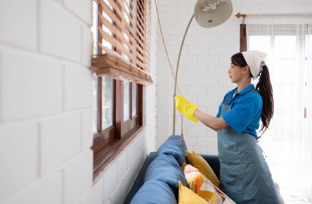 穿着制服的年轻女清洁工正在打扫家里的客厅。图片下载