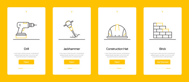 建筑行业概念入职移动应用程序页面屏幕与平面图标。UI设计模板矢量插图图片下载
