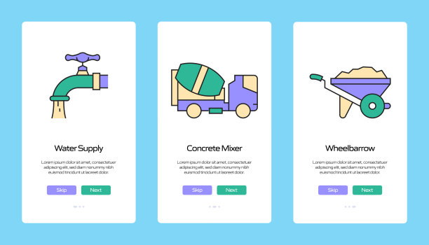 建筑行业概念入职移动应用程序页面屏幕与平面图标。UI设计模板矢量插图图片下载