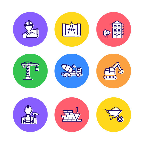 建筑和建筑相关线图标的集合。大纲符号集合图片下载