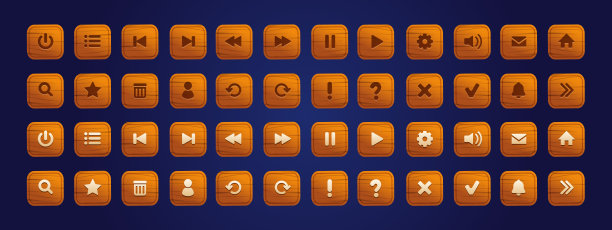 收集木制纽扣。卡通游戏图标移动，网页设计界面。矢量隔离按钮集图片下载