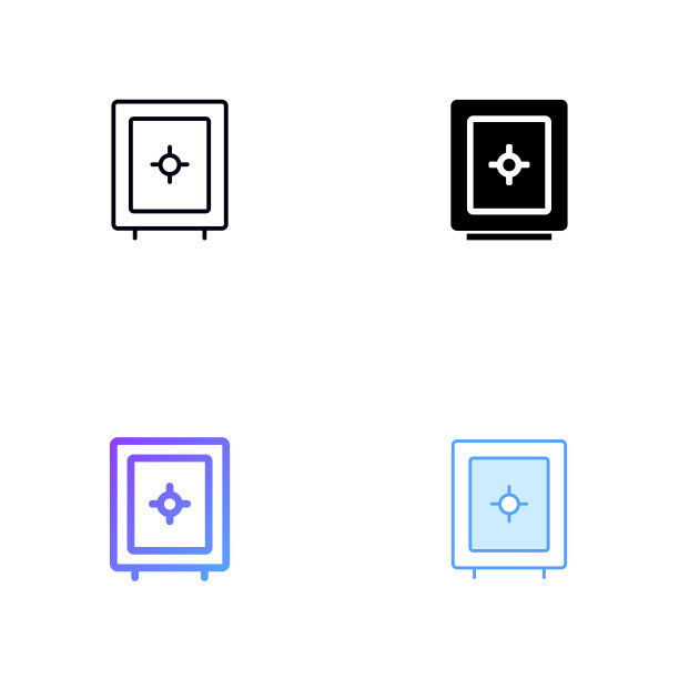 保险箱图标设计在四风格与可编辑的笔画。线，实线，平线和颜色梯度线。适合网页，移动应用，UI, UX和GUI设计。图片下载