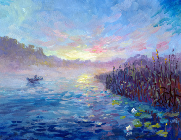 迷雾河上的清晨，印象派风格的绘画图片下载