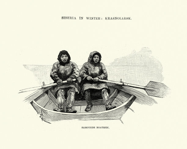 19世纪，塞尔维亚的萨莫耶德人在划船图片下载