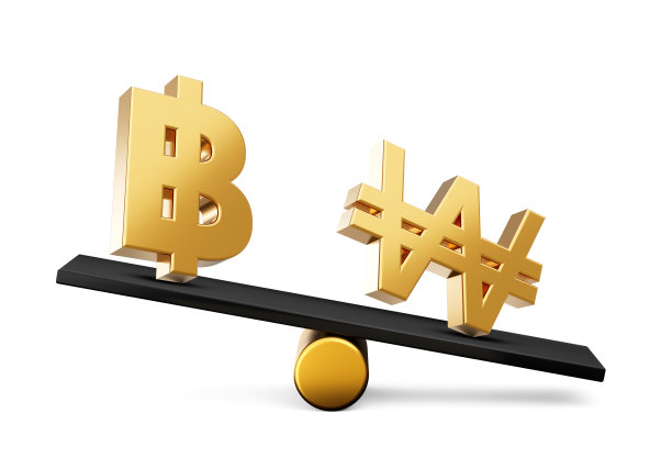 3d黄金泰铢和赢得符号图标与3d黑色平衡重量跷跷板，3d插图图片下载