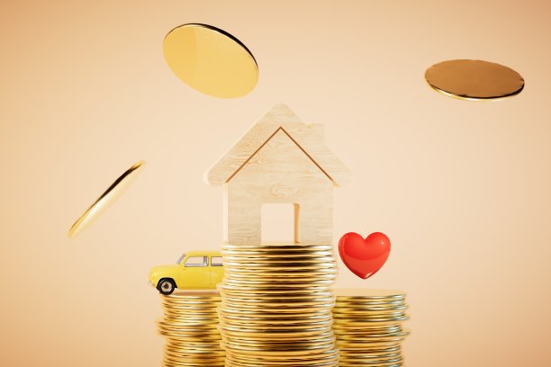 人寿保险，汽车，房屋的概念。DLM，一辆车和一颗心放在一堆硬币上。三维渲染图片下载
