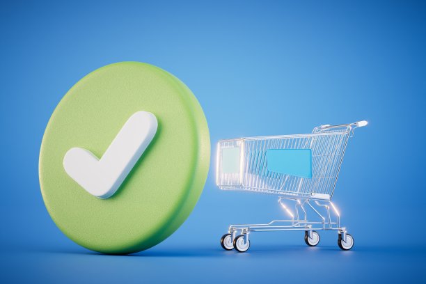 成功购买的概念。一个购物车和一个蓝色背景的成功徽章。三维渲染图片下载