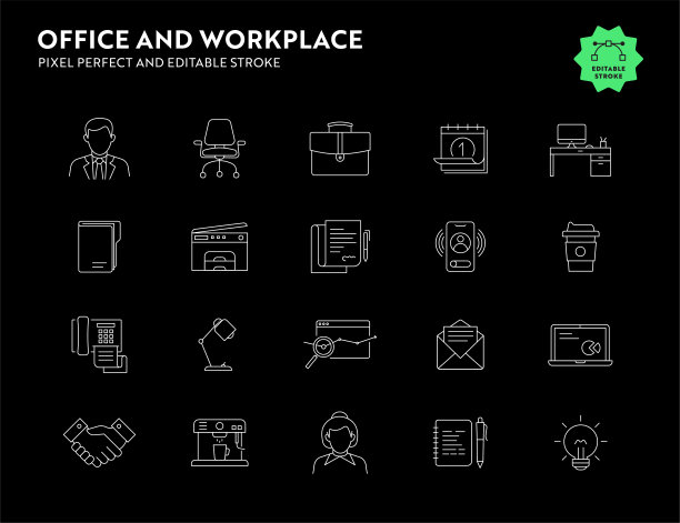 办公室和工作场所图标设置可编辑的笔触和像素完美。图片下载