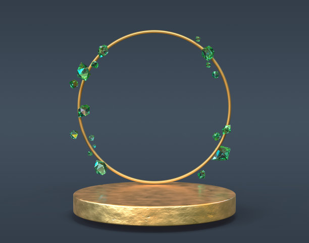 黄金圆形讲台与金属圆框架和宝石祖母绿宝石在黑暗的背景3d渲染。豪华颁奖平台，绿色水晶舞台，展台，产品展示图片下载
