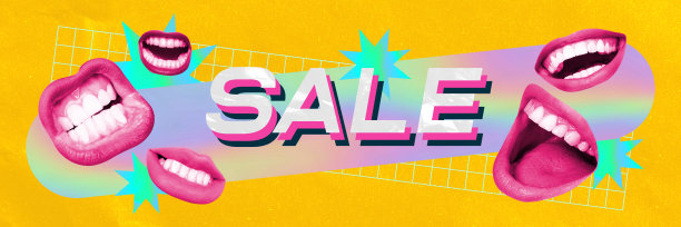 女性的嘴在黄色抽象的背景。巨大的销售季节为您购物。特别优惠价。当代艺术拼贴。图片下载