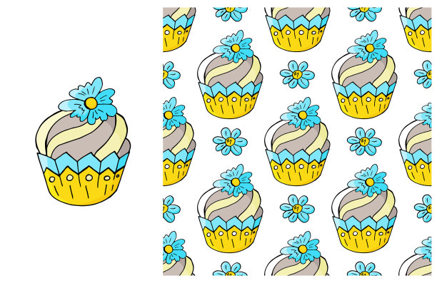 小蛋糕松饼套装元素和无缝图案图片下载