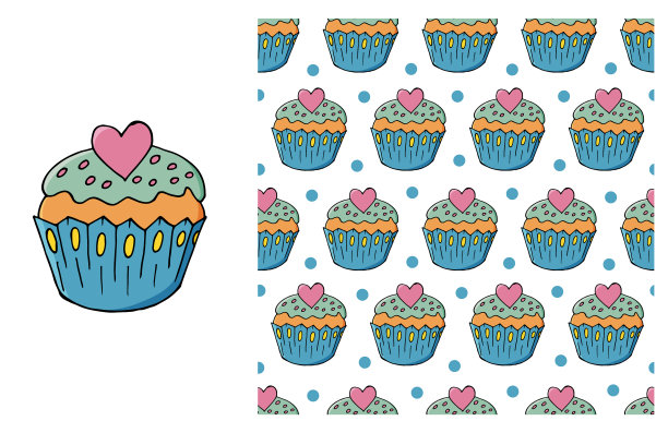 小蛋糕松饼套装元素和无缝图案图片下载