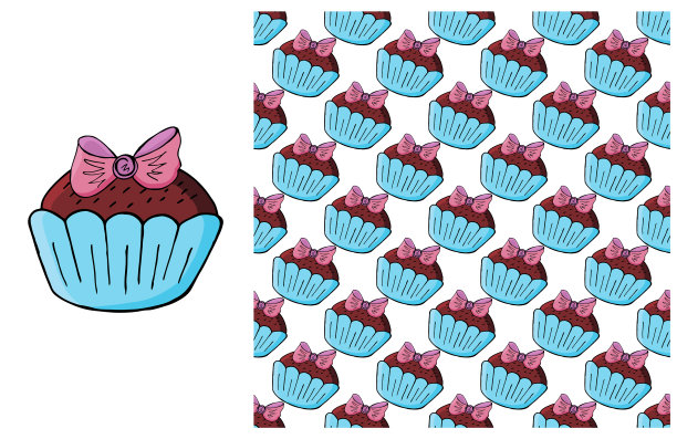 小蛋糕松饼套装元素和无缝图案图片下载