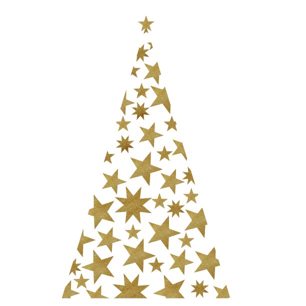 手绘水彩装饰风格的圣诞树与金色的纹理。由金色的星星组成。图片下载