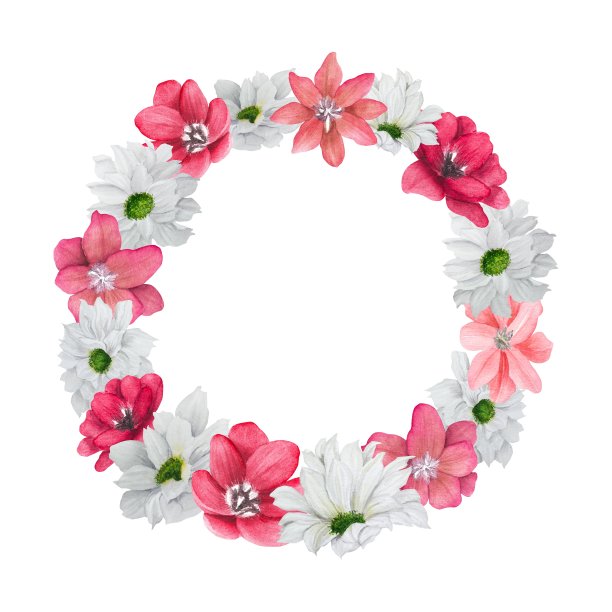手绘水彩花圈与红色和白色的花。图片下载