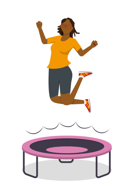 一个穿着运动服的黑人妇女在蹦床上跳跃的平面插图。图片下载