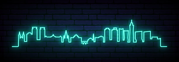 萨拉热窝的蓝色霓虹天际线。明亮的萨拉热窝长条旗。矢量插图。图片下载