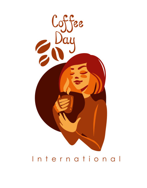 可爱的女孩喝香咖啡。国际咖啡日，横幅。矢量图图片下载