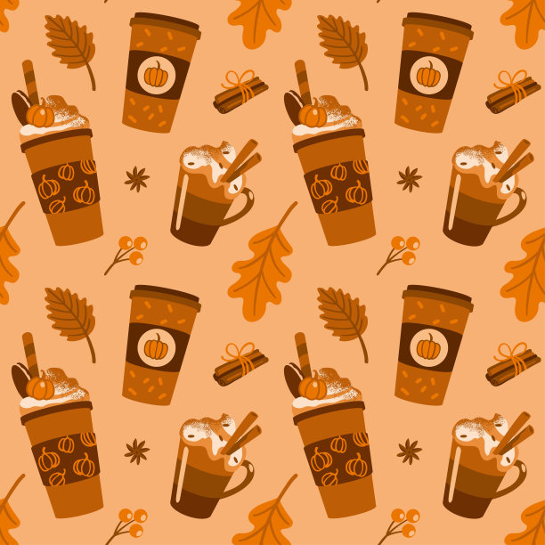 加奶油的香料咖啡。秋天的心情。无缝模式。图片下载