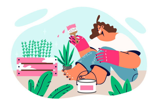 女人在地上用植物画花园家具，为后院做装饰图片下载