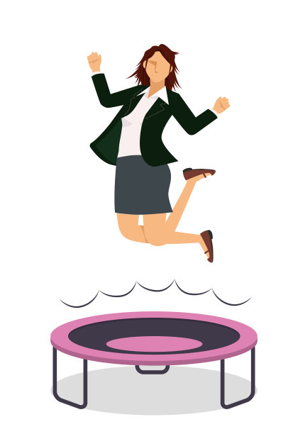 一幅平面插图，一个东方女商人穿着西装跳着。重新学习和飞跃的形象。图片下载