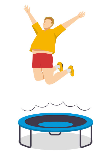 一个穿着运动服的白人男子在蹦床上跳的平面插图。图片下载