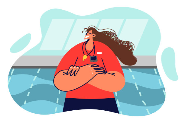 女游泳教练双臂交叉站在泳池边训练年轻的游泳运动员。图片下载