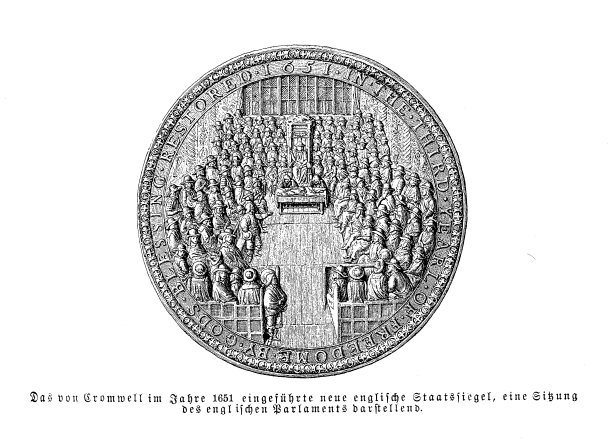 克伦威尔时期1651年的英格兰政府印章上面浮雕着英格兰议会会议。图片下载