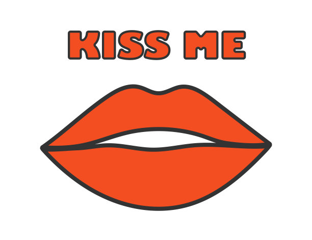 女性的嘴唇用红色的口红在白色的背景上黑色的笔画，在流行艺术风格。吻我。向量图片下载