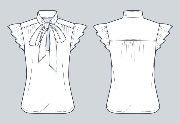 领结领衬衫技术时尚插图。领口衬衫时尚平技术图纸模板，短扑袖，前后视图，白色，女装CAD样板。图片下载