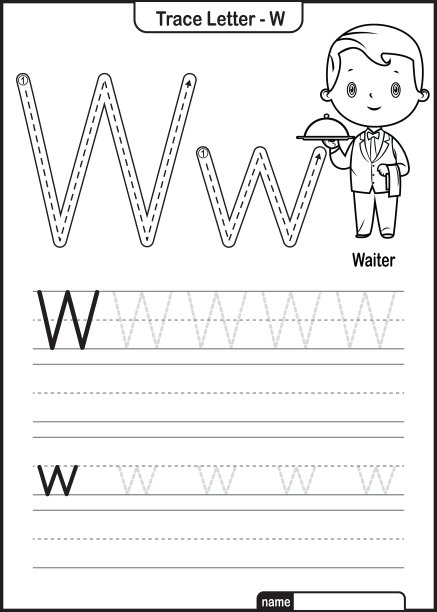 字母追踪字母A到Z学前工作表与字母W服务员亲矢量图片下载