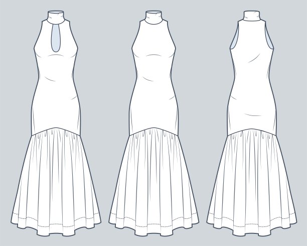 高领及地长裙技术时尚插画。针织连衣裙与纺织底时尚平面技术图纸模板，修身，裁剪，前后视图，白色，女装CAD模型集。图片下载