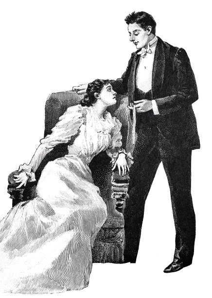 年轻的情侣聊天，他站着，她坐在白色背景的扶手椅上图片下载