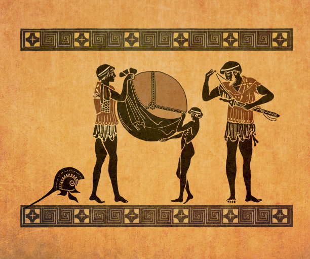 在希腊奥林匹亚展示年轻士兵在军事训练的希腊花瓶图片下载