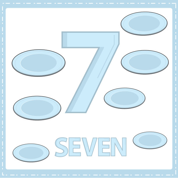幼儿数字教育插图。这样孩子们就能学会数7和7盘子上的数字，就像图片中所示的厨房类。图片下载