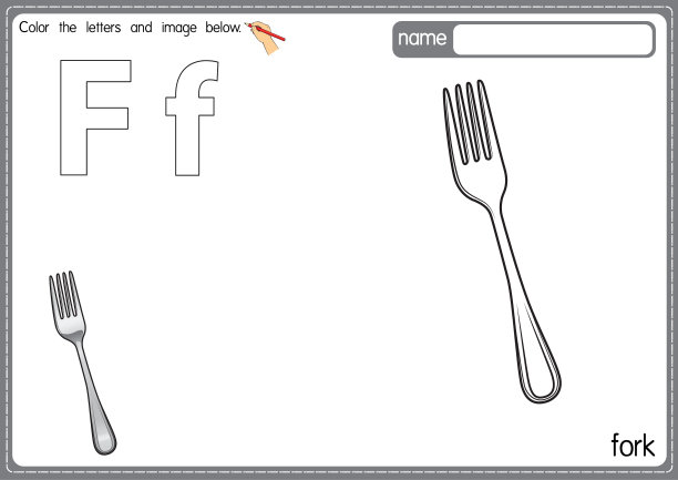 矢量插图的儿童字母着色书页与概述剪贴画，以颜色。字母F代表叉子。图片下载