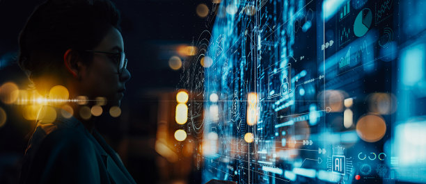 Ai营销和保险工具的概念，女商人看现代电脑仪表盘虚拟创新在线保险为汽车，旅游，家庭和生活，金融和健康保险。图片下载