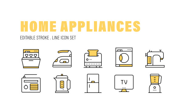 家用电器，水壶，烤箱，洗碗机，铁，缝纫机图标图片下载