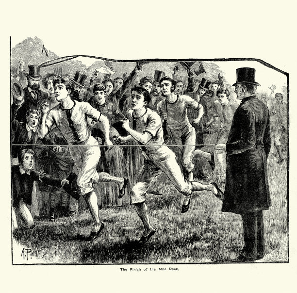19世纪维多利亚时代的运动中，跑者越过一英里赛跑的终点线图片下载
