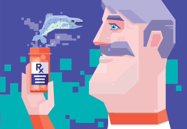 拿着药瓶的男人和跳着的金枪鱼图片下载